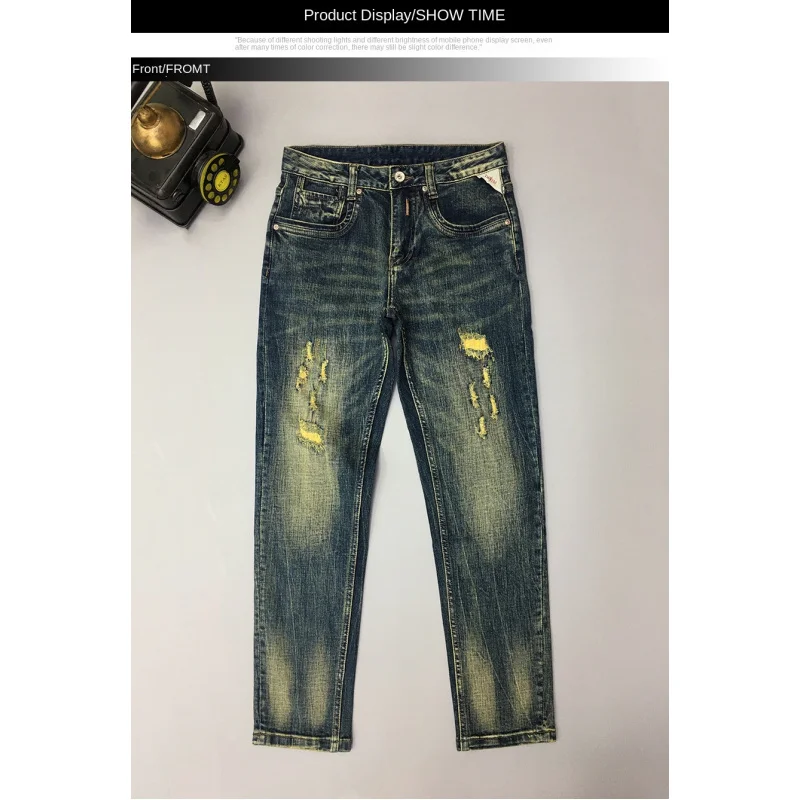 男性用のレトロな破れたジーンズ、トレンディで多用途、スリムフィット、小さなストレートチューブ、スクレープパッチ、アメリカンスタイルのダメージパンツ