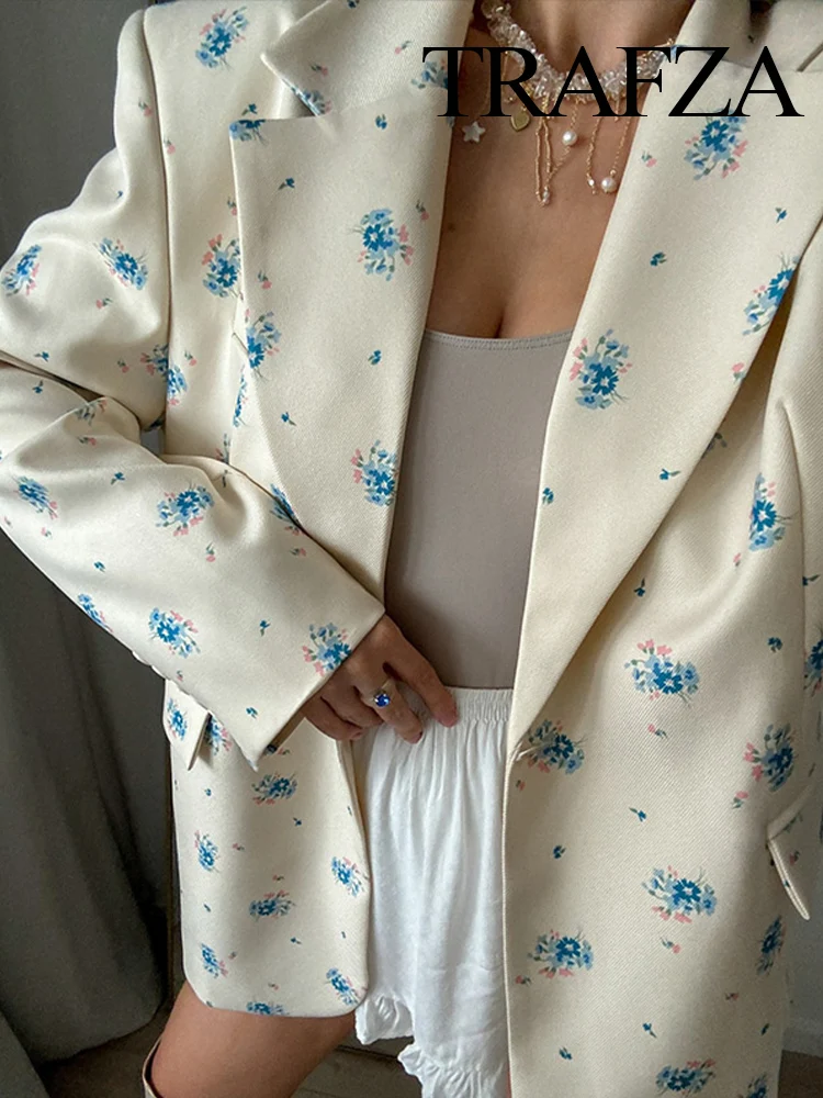 

TRAFZA Women Autumn Fashion Lapel Fake Pocket Lace Up Decoration Long Sleeve Jacket Female Elegant Vintage Floral Blazer Coat
