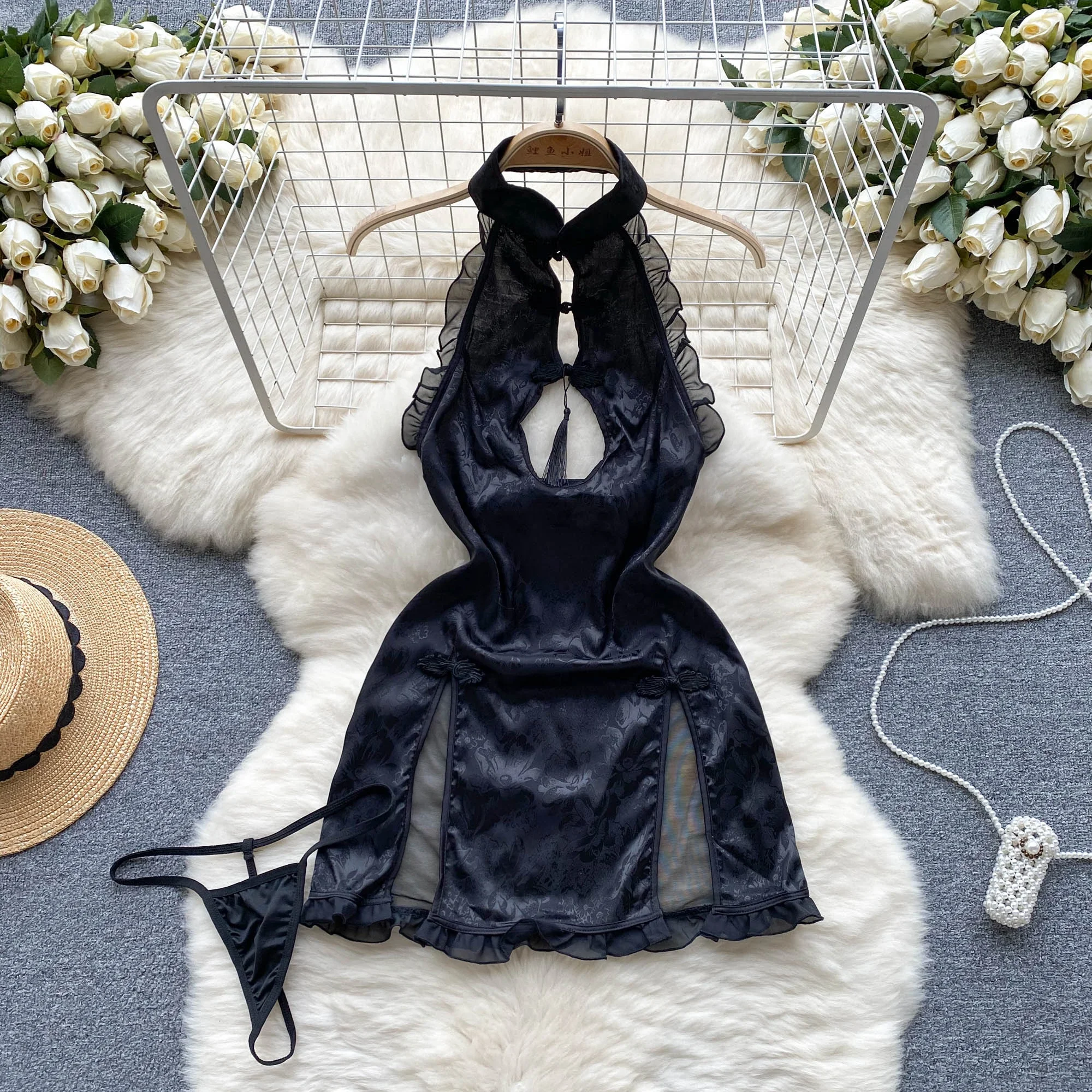 Drucken Sheer Sexy Mesh Kleid Ladies Backless Split Cheongsam Mini Nacht Kleid Frauen Chinesischen Stil Retro Erotische Nachtwäsche