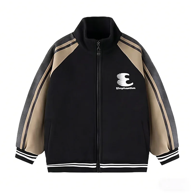 2026 New Boys Casual Baseball Jacket Color Block Printed Comfortable Kids Fashion Outerwear Trendy Boys Wear Spring Autumn Coat