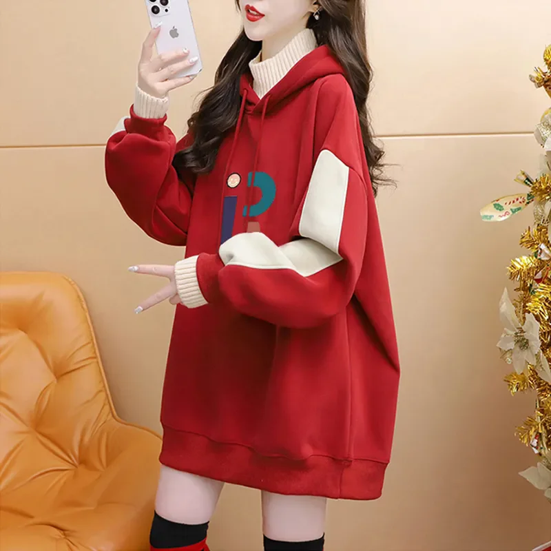 

2024 Women's Hoodies Thick Autumn Winter Velvet Warm Sweatshirts Korean Girls Oversize Hooded Loose Tops