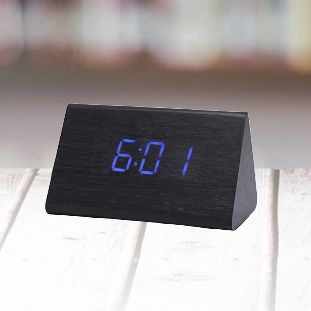 

Sound Activated Led Wooden Alarm Clock Temperature Display Touch Sensor Snooze Function Modern Digital Desk Clock Black Wood
