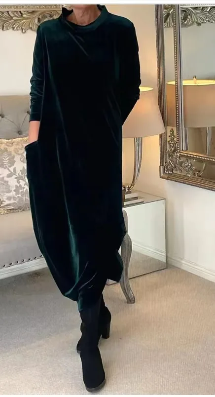 

SKMY Solid Color 2025 Spring New Slim Elegant Round Neck Long Sleeve Dress Women Clothing Party Long Dresses With Pockets