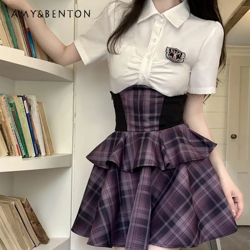 2024 Japanese Style Summer Solid Color Short Sleeved Shirt Top Plaid Skirt Purple Lightweight Breathable Two-Piece Set For Women