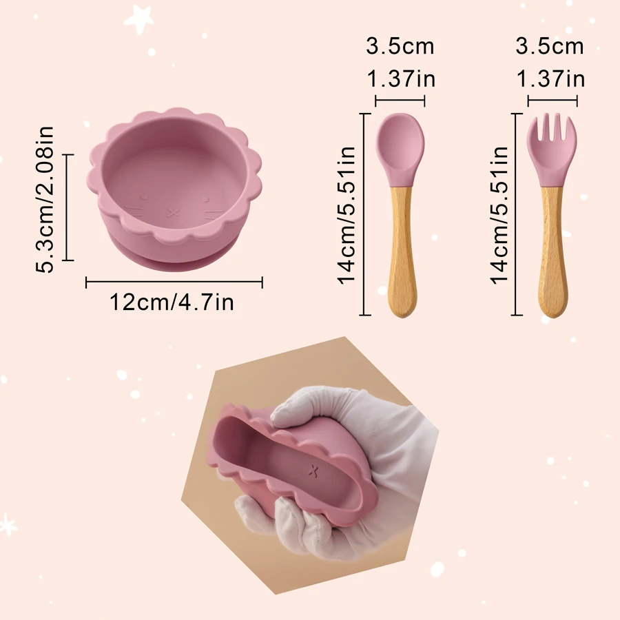 Platos de silicona sin BPA para bebé, cuenco con ventosa, plato de alimentación de silicona para bebé, cuchara, tenedor, cosas impermeables, 3