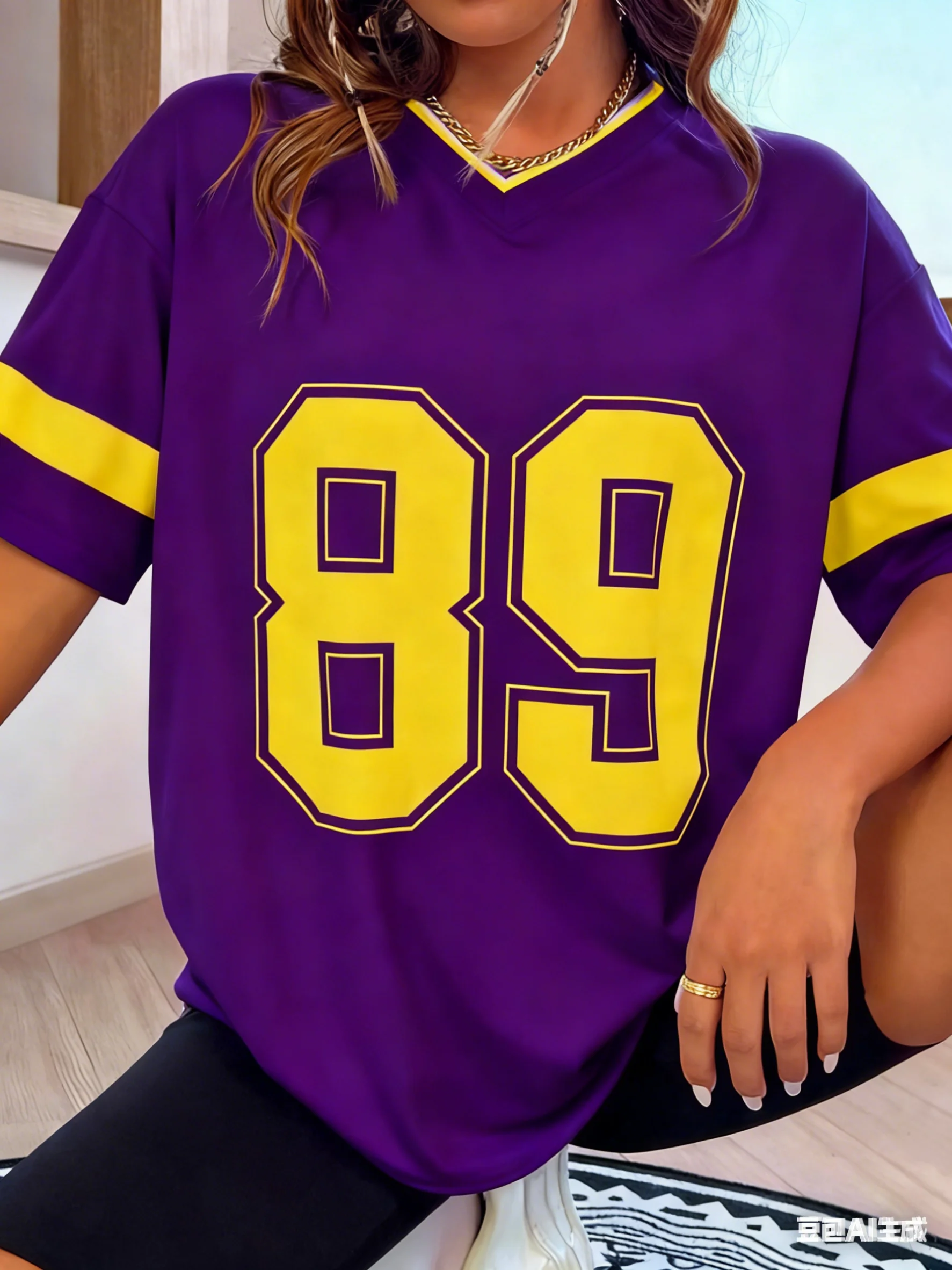 

2025 летняя женская футболка No 89 в полоску с модным принтом, легкая дышащая бейсбольная футболка с v-образным вырезом и короткими рукавами, женская футболка из джерси