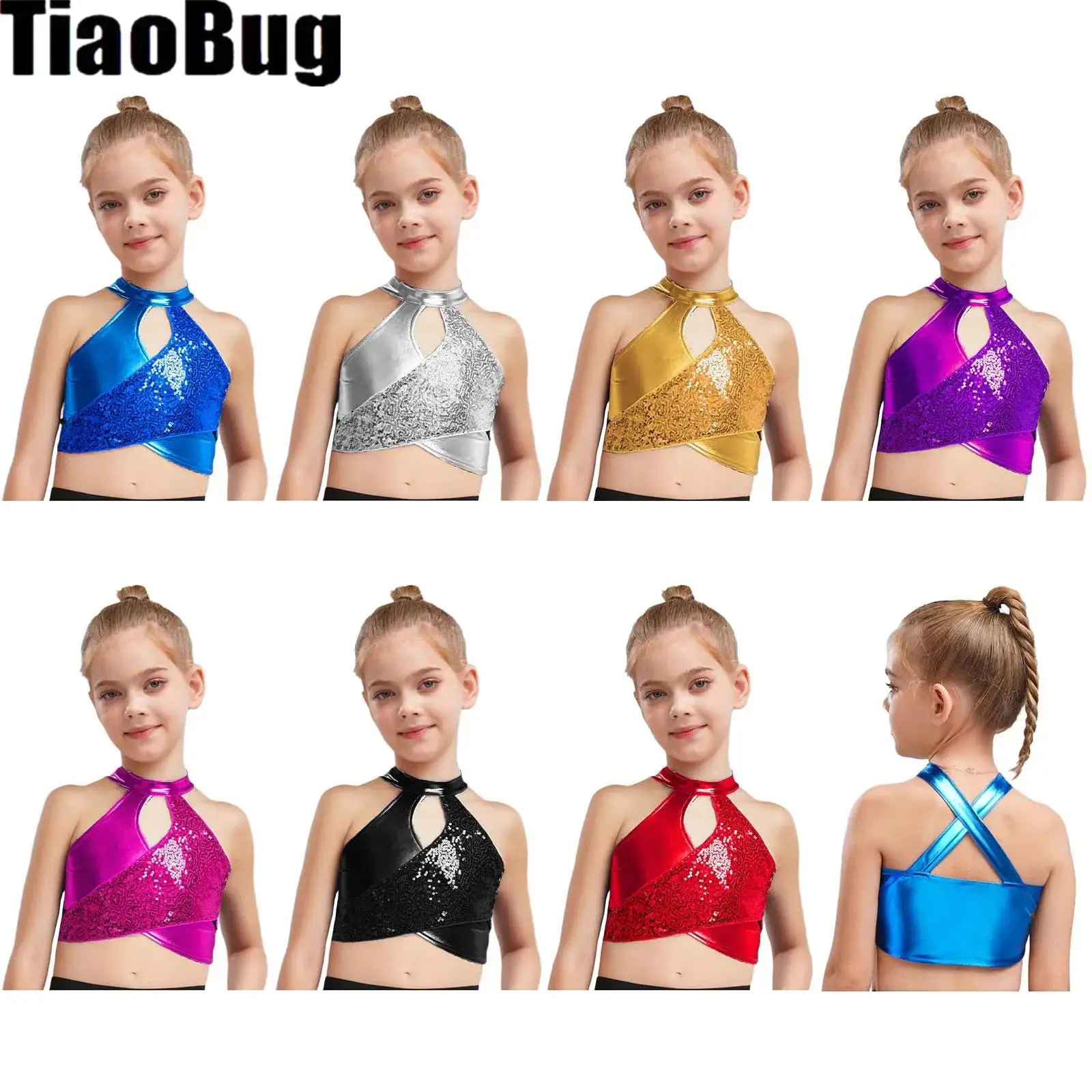 

Kids Girls Jazz Dance Vest Top Cross Keyhole Sparkly Sequins Metallic Crop Top Dancewear for Latin Ballroom Dance Costume