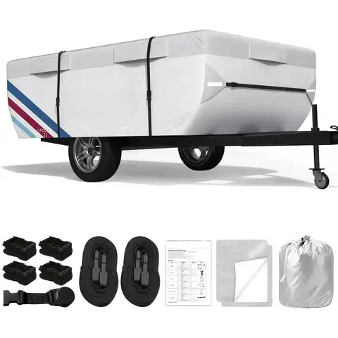 W_Pop Up Camper Cover for 10'-12' Folding Tent Trailers, 300D Silver Oxford, Waterproof, Windproof, Sun-Resistant, Tear-Resistan 10 best sales pop up camper - №1