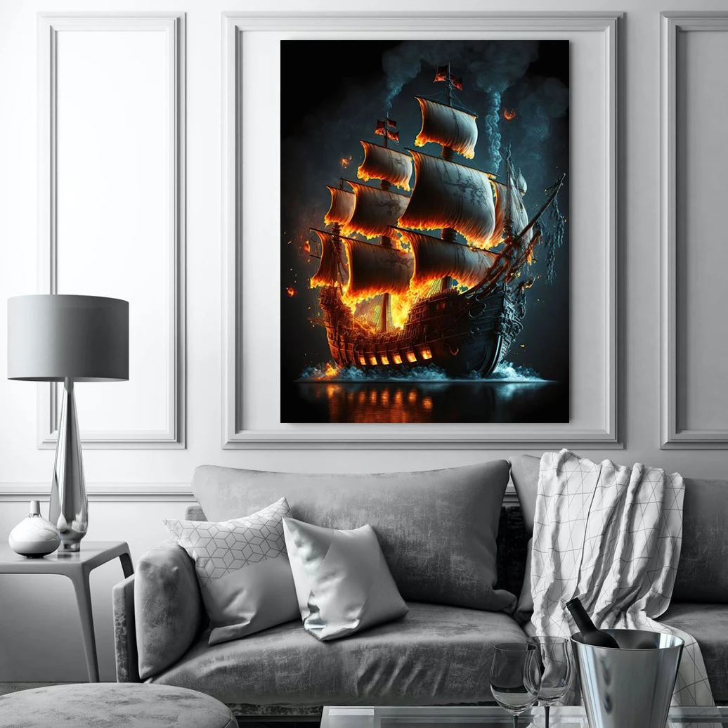 Retro Skull Pirate Ship Poster Canvas Paintings Sea Adverse Weather Posters Prints Wall Art Pictures for Living Room Home Decor