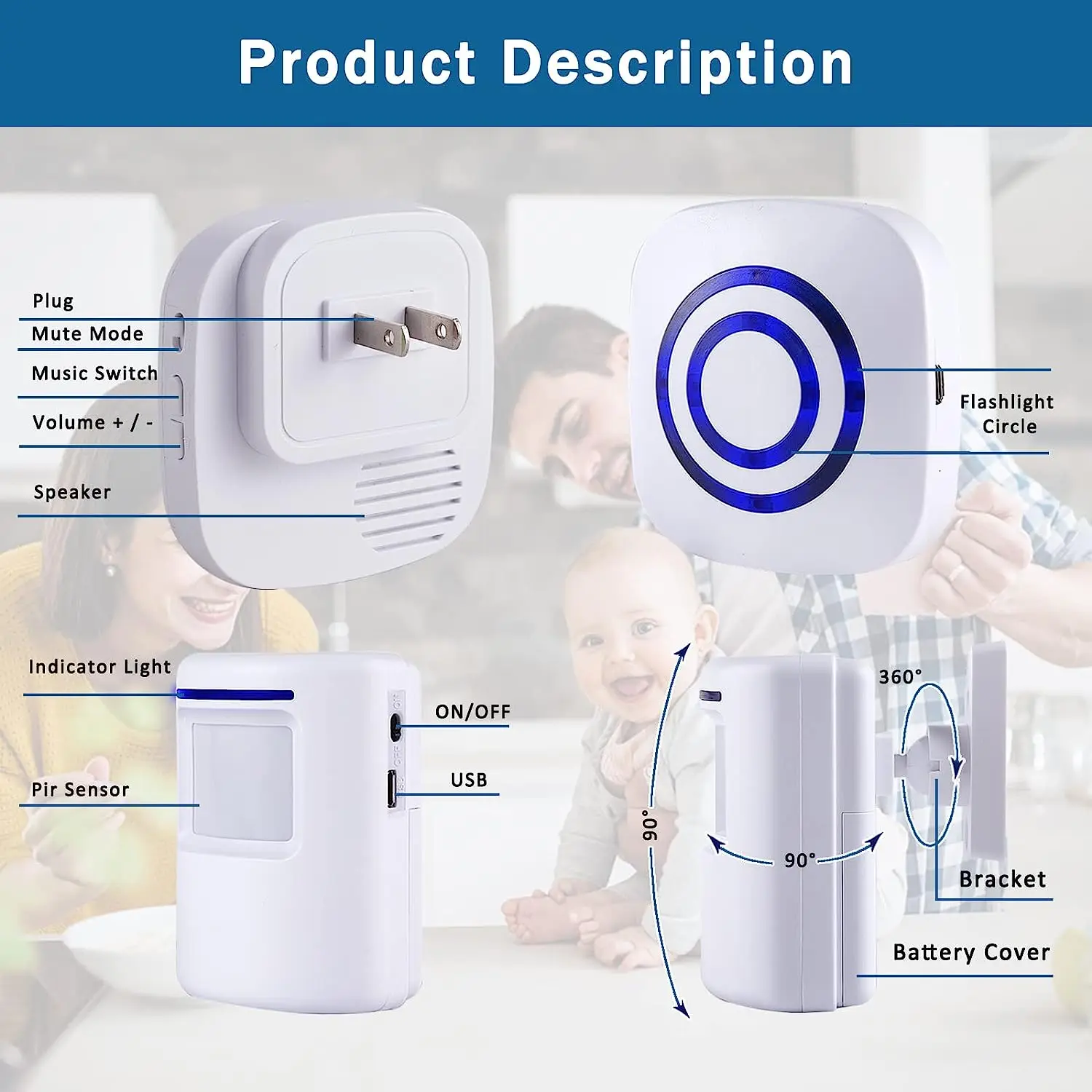 Motion Sensor Alert Alarm Detector, Home Security Visitor Door Entry Chime Wireless Doorbell with PIR Sensor System Kit