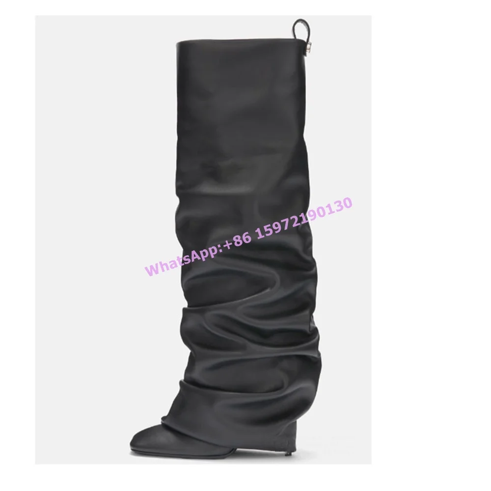 Pleated Turn Over Edges Boots Black Square Toe Thin Heels Slip On Solid Knee High Boots Large Size Women's Fashion Runway Shoes