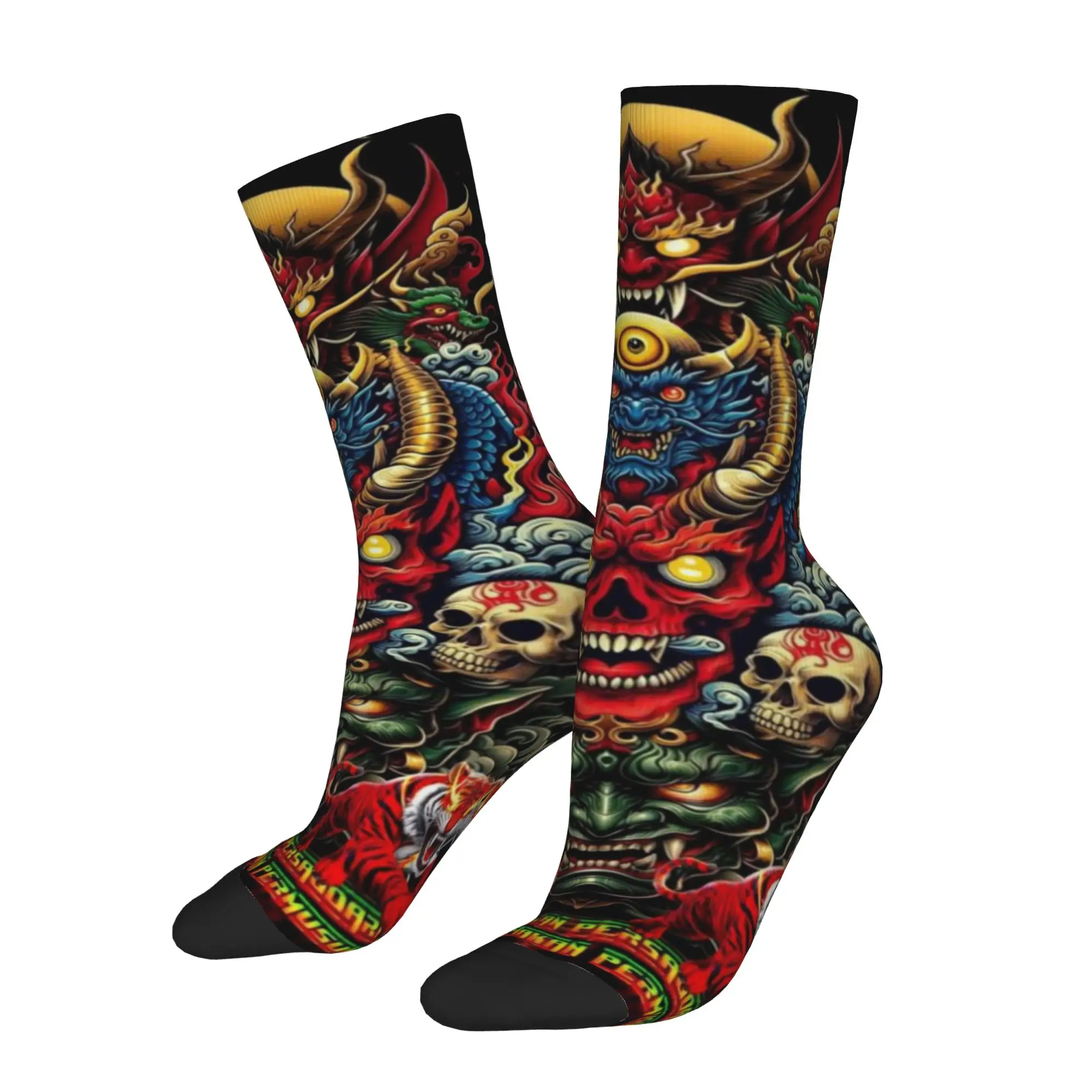 1 Pair Sock for Men Multi Layer Oni Dragon Tiger Skull Art Hip Hop Vintage  Happy Seamless Pattern Printed Sock Casual Gift