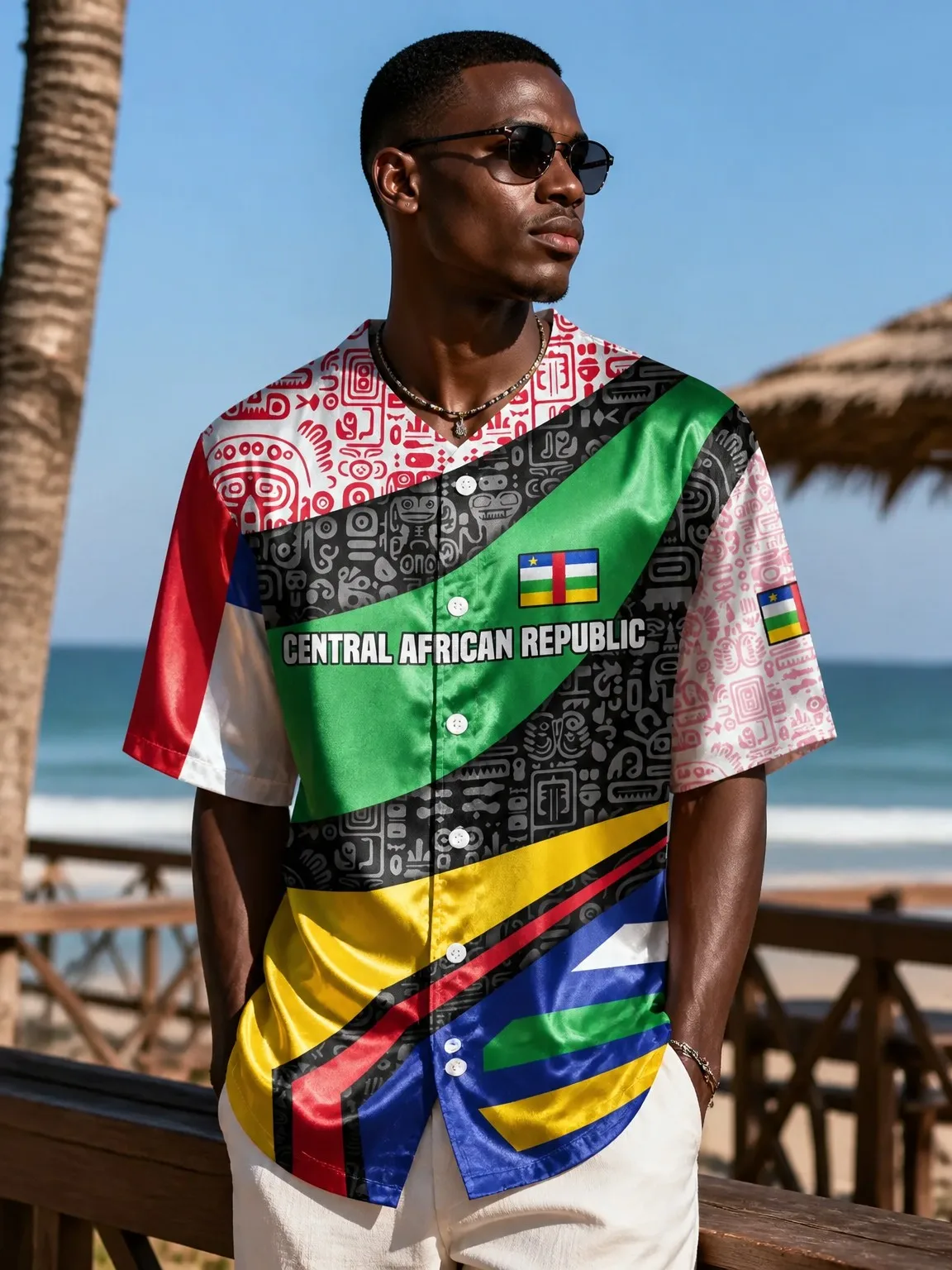 

Central African Republic Red Satin Baseball Jersey Men National Colors Short Sleeve Casual Summer Top New Style
