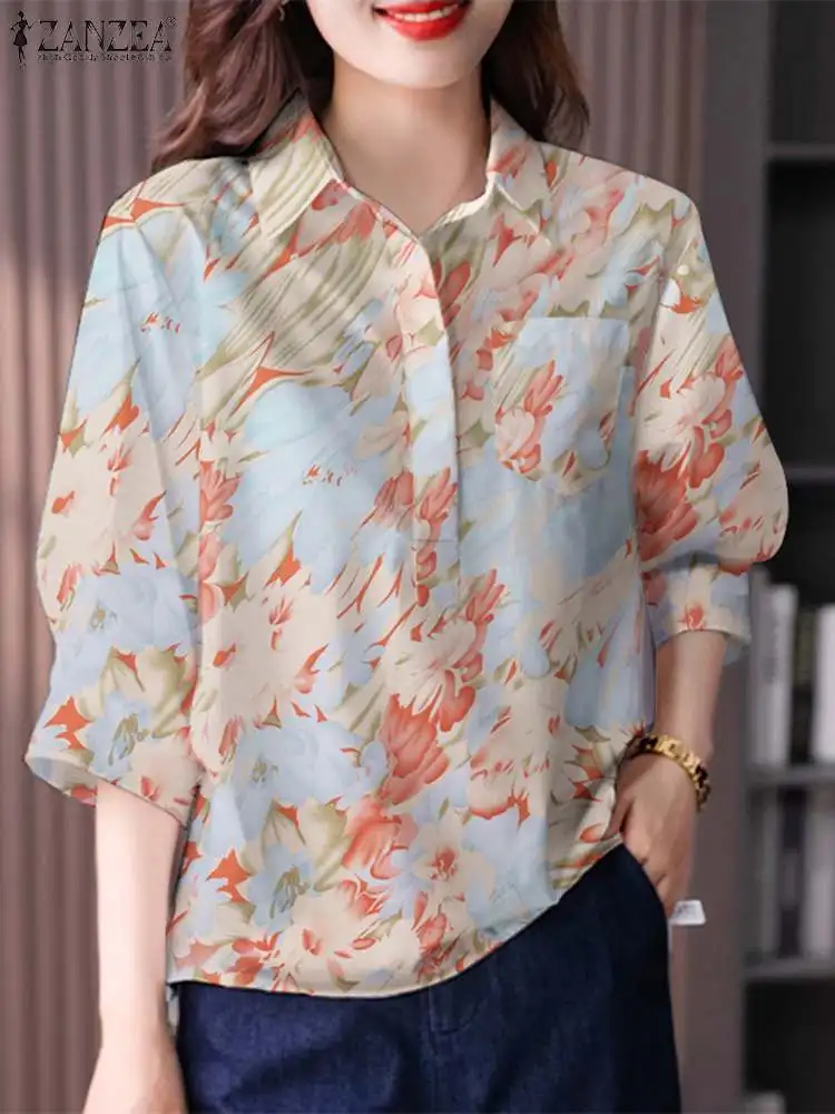 ZANZEA Fashion Summer Blouse Women Vintage 3/4 Sleeve Floral Printed Tops Tunic Casual Holiday Shirt Elegant Work Blusas 2024