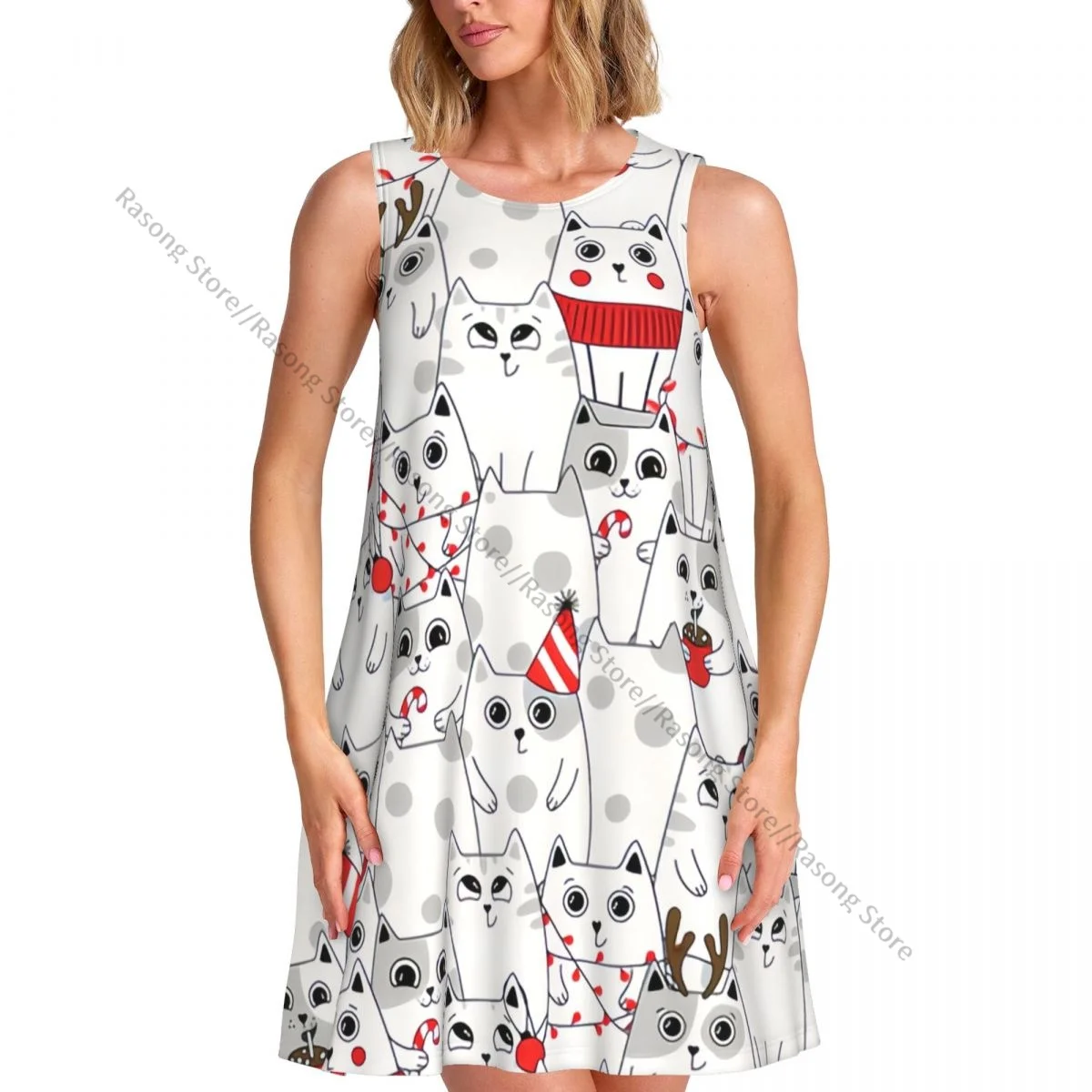 

Summer Vest Dress Women's Cute Cat Christmas Sleeveless Female Dresses