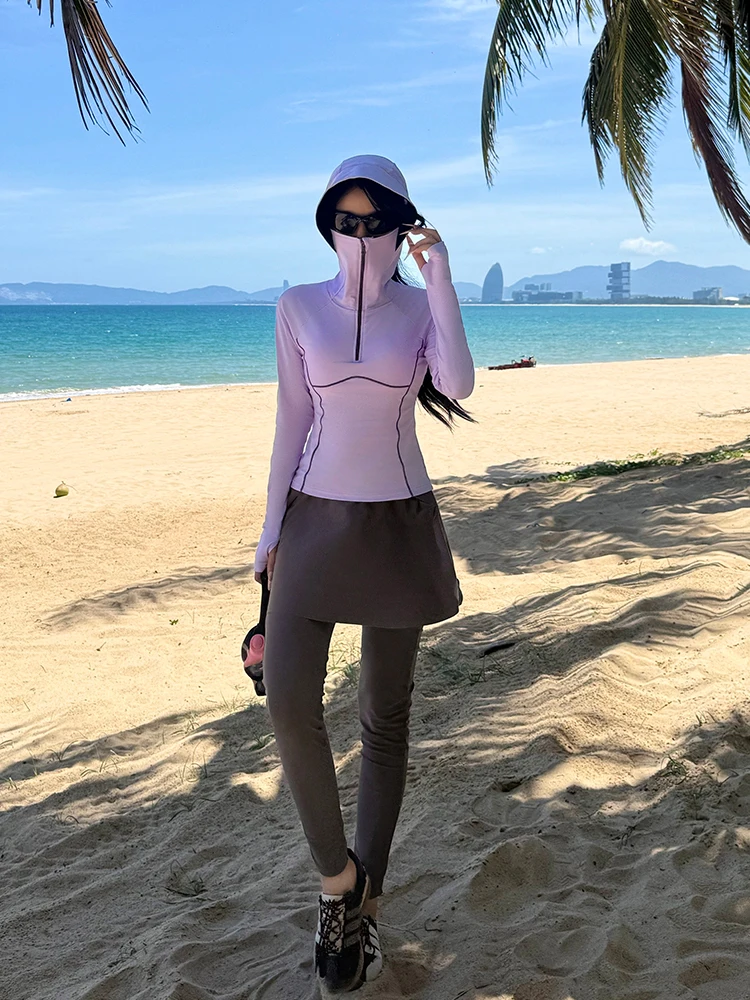 2026-new-women's-one-piece-swimsuit-long-sleeve-full-coverage-hat-sunscreen-diving-suit-holiday-swimwear-conservative-slimming