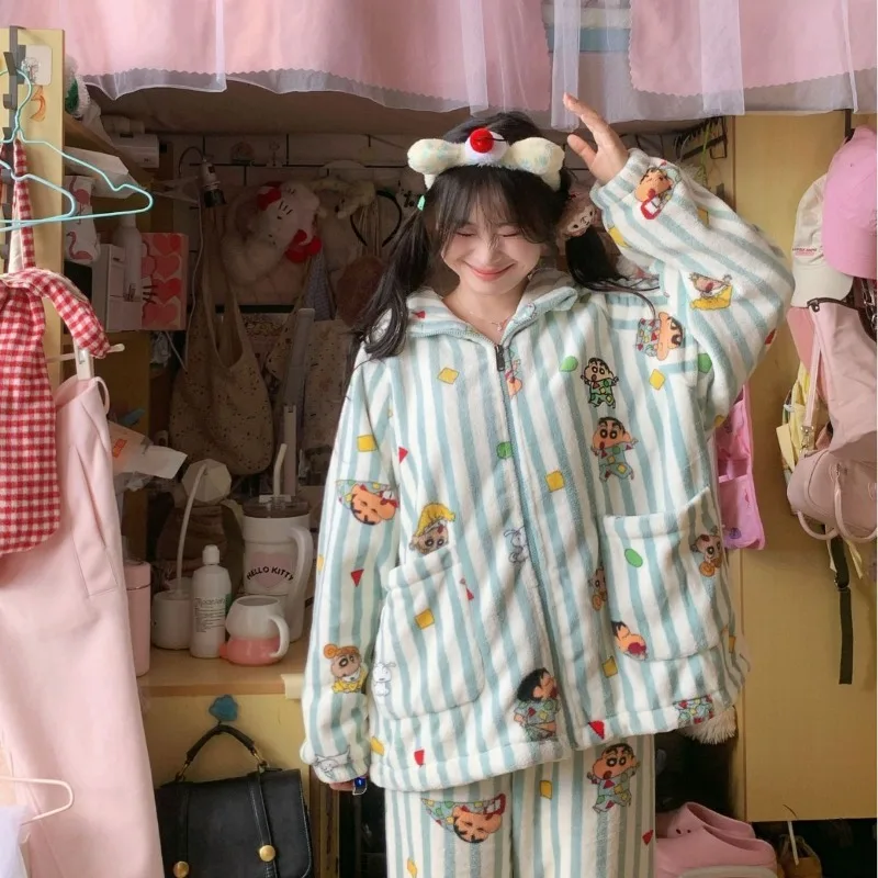 Kawaii Crayon shin-chan pyjamas Anime fille mignon dessin animé hiver épaissir garder au chaud manches longues pantalon découpable maison costume ensemble nouveau