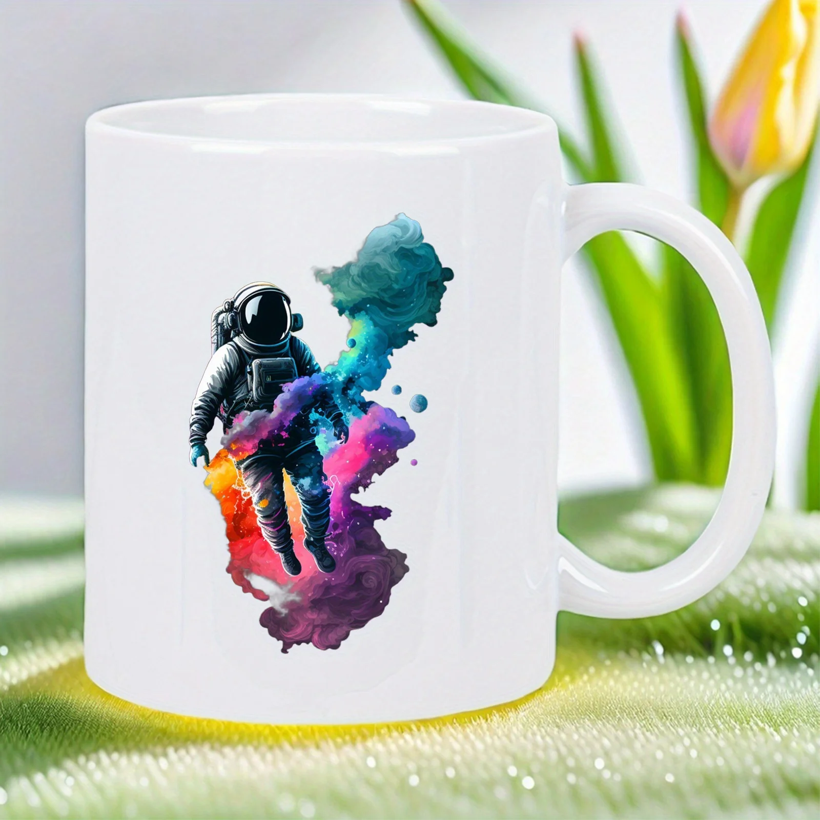 

Astronaut Splash Art Mug - White Ceramic Coffee Cup with Astronaut Floating in Space Design, Vibrant Purple, Blue, Pink, Orange