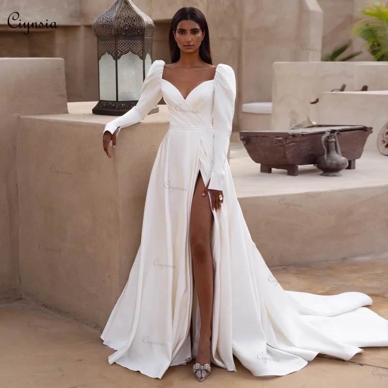 Ciynsia Customized Elegant V Neck Long Sleeves Wedding Dresses 2025 Bride A Line Ivory Satin Sexy Leg Slit Simple Bridal Gown