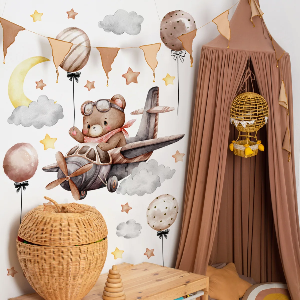 New cartoon flying plane cute bear moon balloon cloud stars children's room home decoration wall stickers