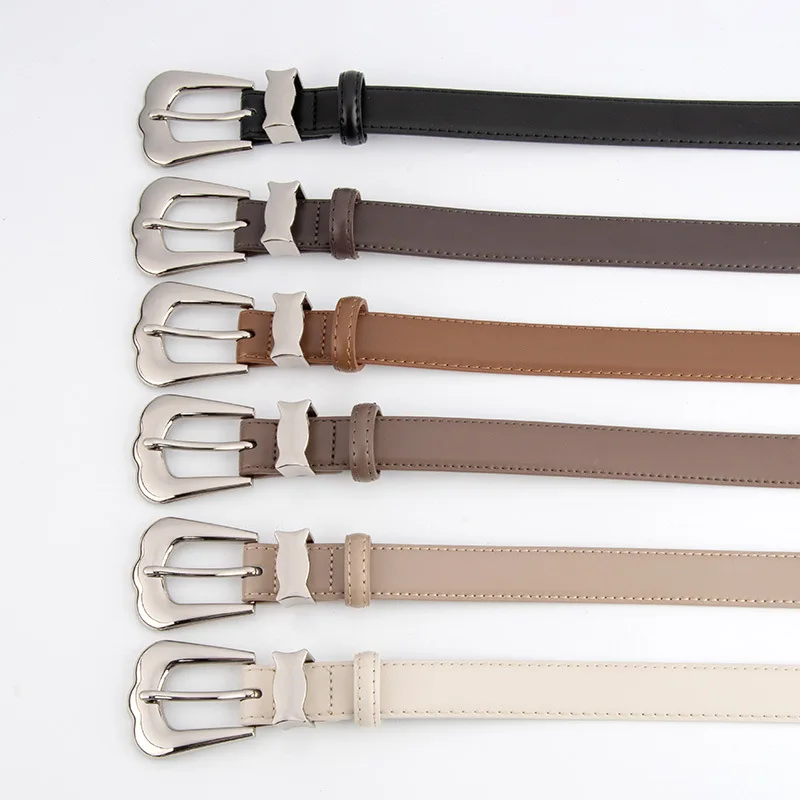 New retro high-grade silver buckle women's belt, genuine leather design, simple waist belt with jeans