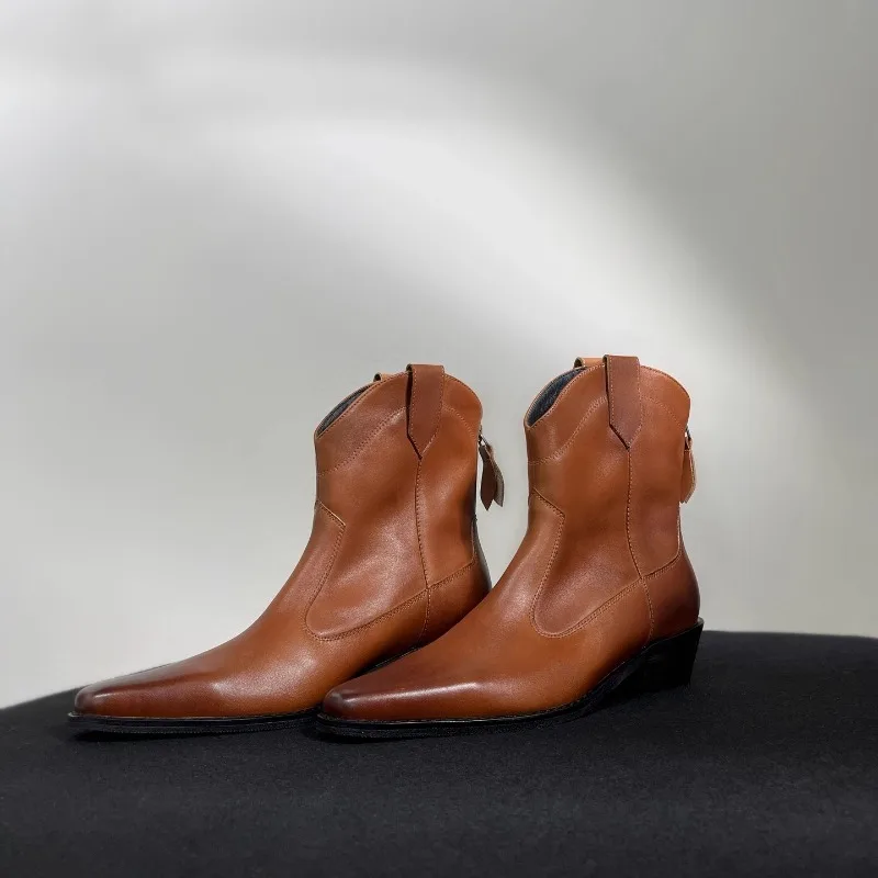 

High End Square Toe Cowhide High Heel Ankle Boots Women's Shoes Retro Western Genuine Leather Casual Rear Zipper Chelsea Boots