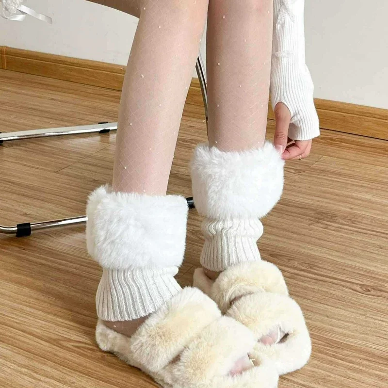 موضة بدوره على الفراء تقليم تدفئة الساق النساء الخريف الشتاء الدافئة أصفاد للأحذية عالية الرقبة من القبعات العالية الكروشيه سميكة جوارب محبوكة أغطية القدم الدافئة #5