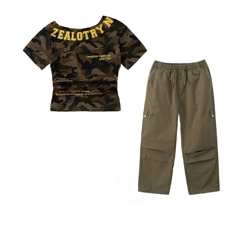 2025 Girls Jazz Dance Costume Summer Street Wear Hip Hop Performance Suit Camouflage Short Sleeve Navel Top Green Pants BL16240
