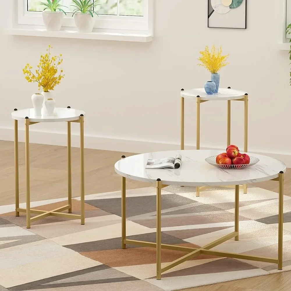 2pcs End Table Faux Marble Tabletop With Gold Cross Base Frame Small Space (Gold) Furniture Tables