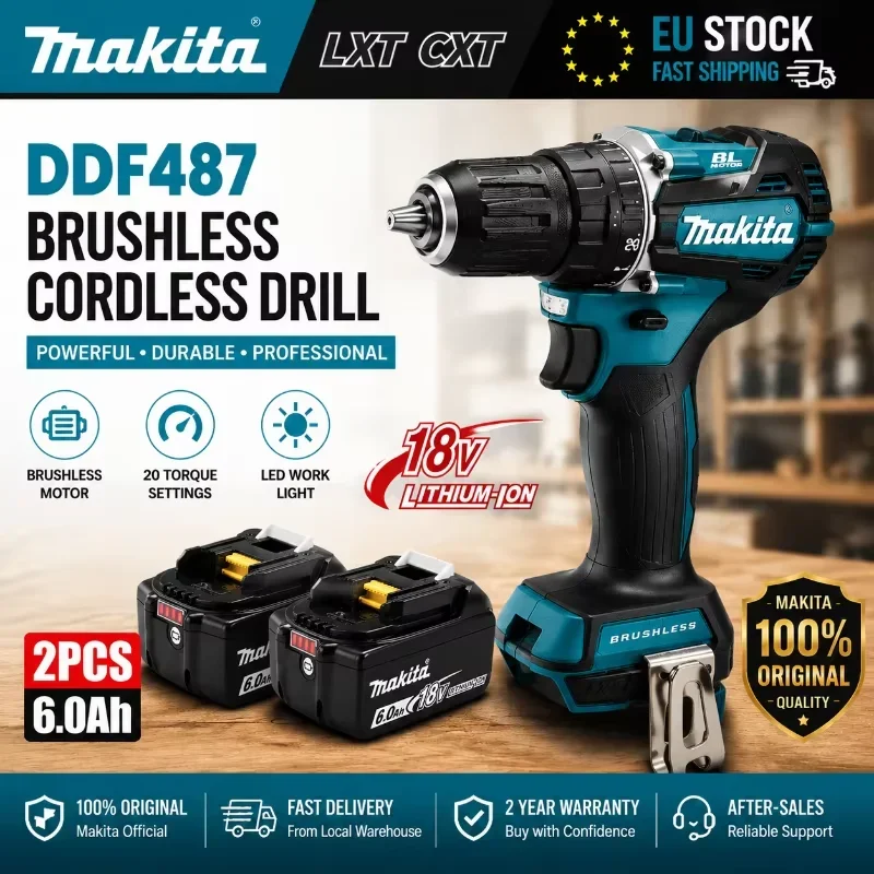 Trapano avvitatore a batteria Makita 18V LXT DDF487, modello senza spazzole, con coppia elevata, 10 mm + kit batteria BL1860B BL1840 da 6,0 Ah, utensile elettrico OEM, spedizione rapida in UE.