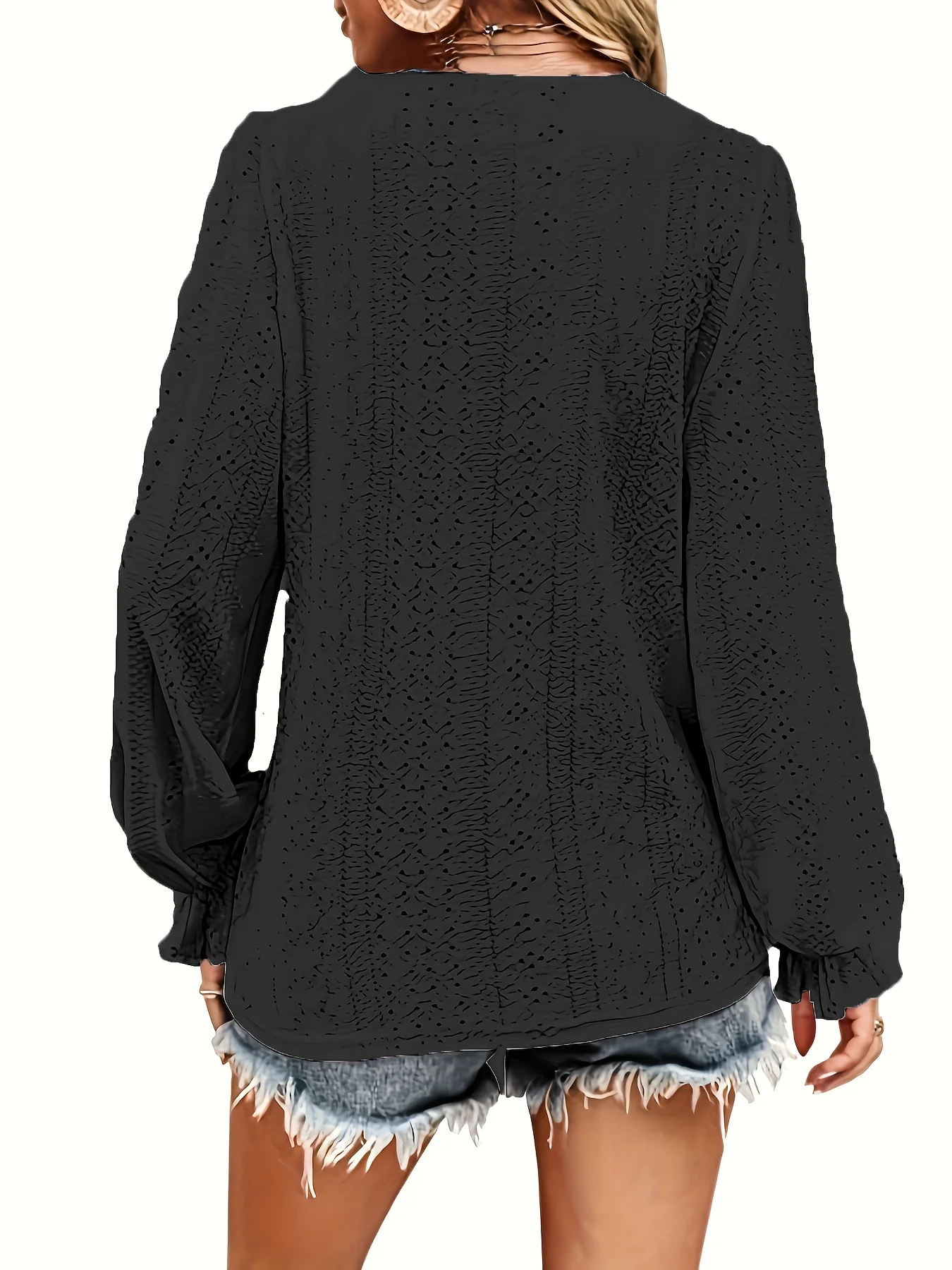 Plus Size T-Shirt mit Ösenknopf-Dekor, lässiges V-Ausschnitt-Langarm-Top für Frühling und Herbst, Damen-Kleidung in Übergröße – Detail 9