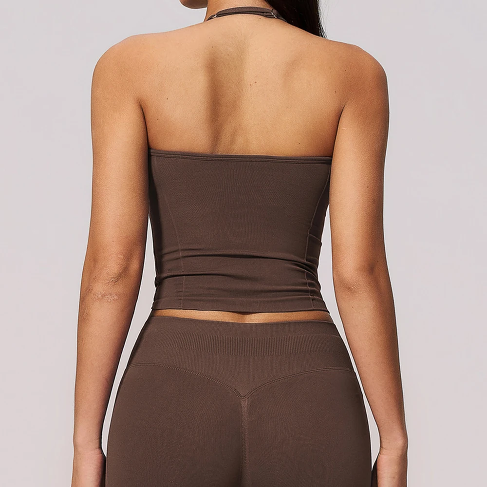 Seamless Halter Ruched V Neck Padded Crop Yoga Tank Top High Support Sports Bra Gym Pilate Running Workout Fitness Athletic Vest