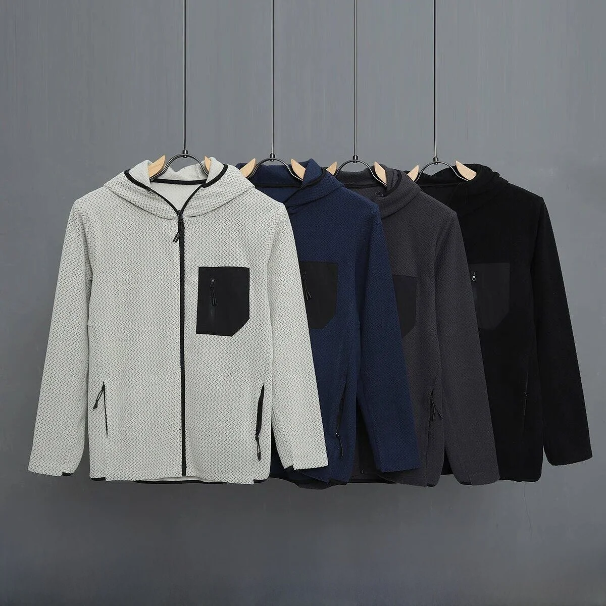 

Outdoor Fleece Hoodie Windproof Warm Couple Casual Wave Patterned Polyester Fiber Long Sleeve Zipper Closure Unisex Sweatshirt