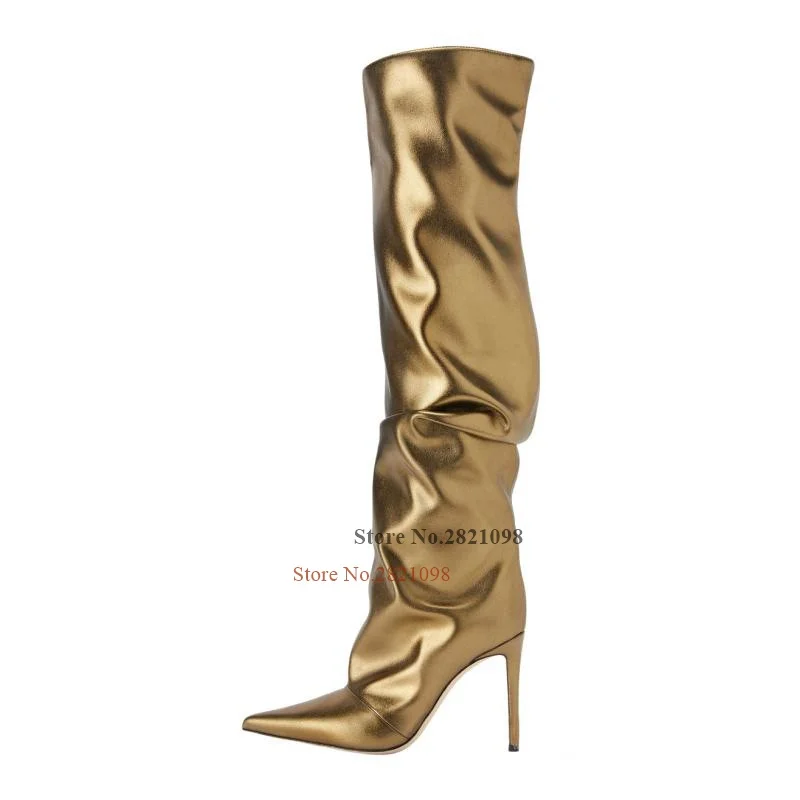 

Metallic Leather Bronze-Tone Thin High Heel Slouch Knee High Boots Women 's Shoes Pointed Toe Slip On Stiletto Heeled Long Boots
