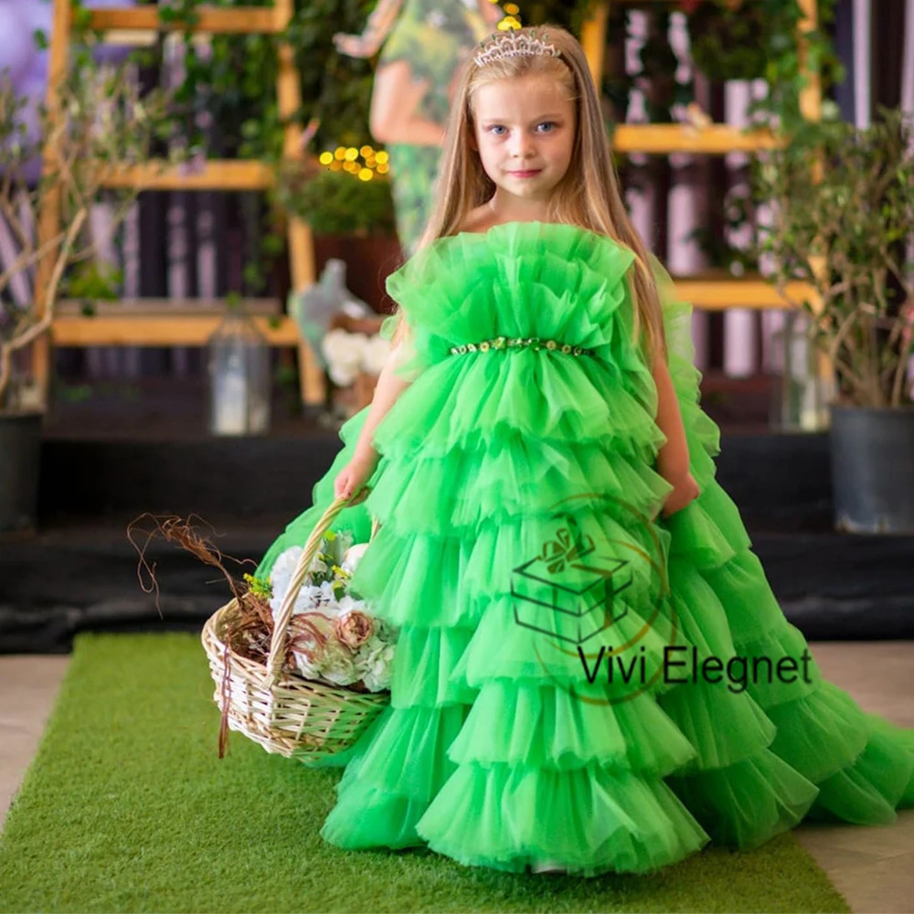 Vestidos de flores verdes escalonados con cristales para niñas, vestidos de Navidad con tren de barrido, cremallera trasera, 2023