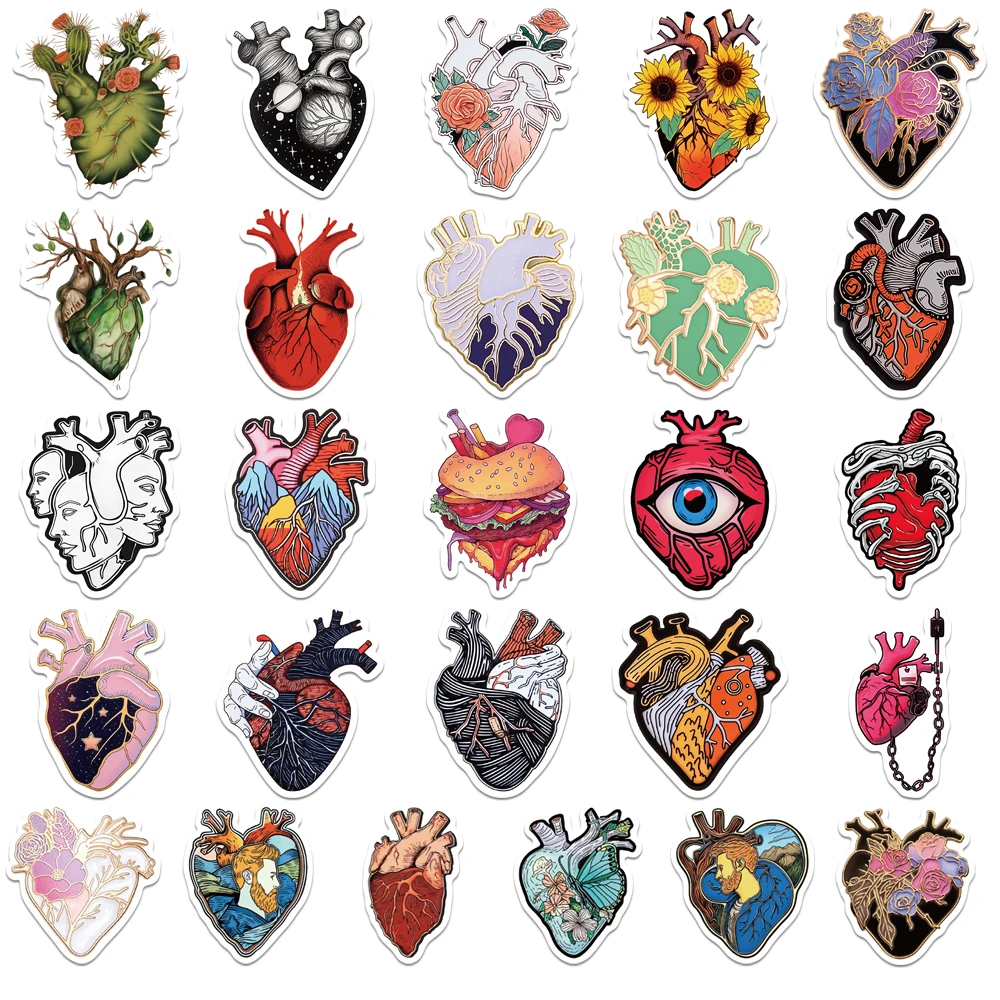 50Pcs Beneath the Waves Anatomical Heart Stickers for Water Bottle Laptop Phone Scrapbooking Gift for Teens Kids Nurse Decals