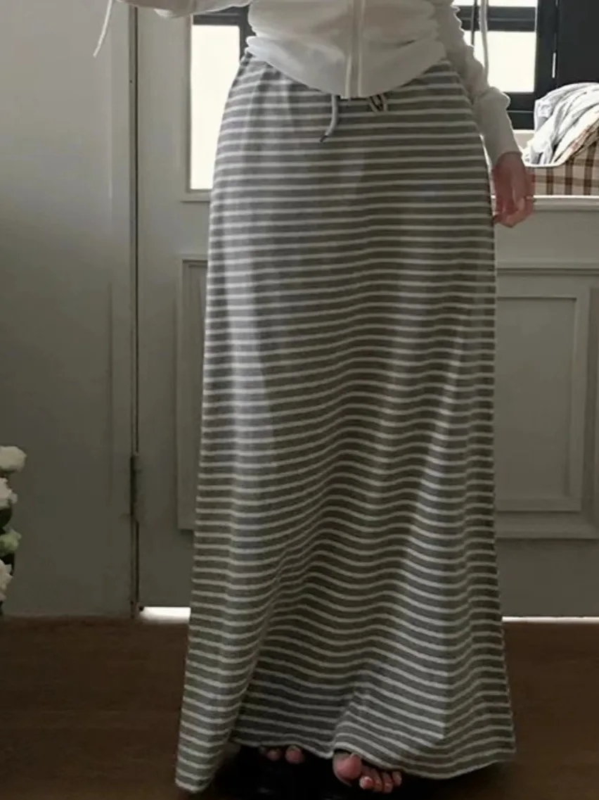 

Korean Sle Retro Striped f Skirt Women's Summer New Faion Anti-Aging Dstring Elastic Waist Long Wraparound Skirt