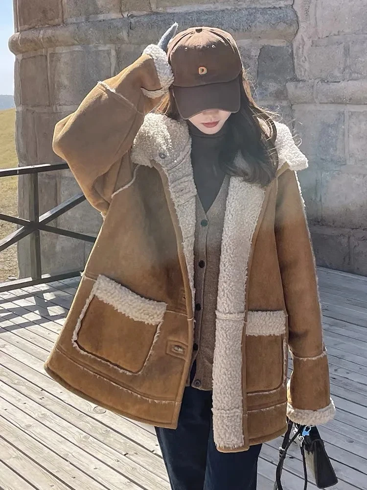 Khaki Fur One Lambskin Coat Female Autumn and Winter 2024 New Korean Retro Joker Add Velvet Padded Warm Hooded Jacket lady