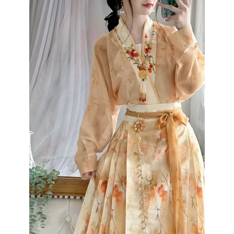 Chinesische traditionelle Damenbekleidung, gelbes, langärmeliges, leichtes Oberteil, Blumendruck, Pferdegesicht, Rock, Hanfu-Kleid, Damen-Abendkleid