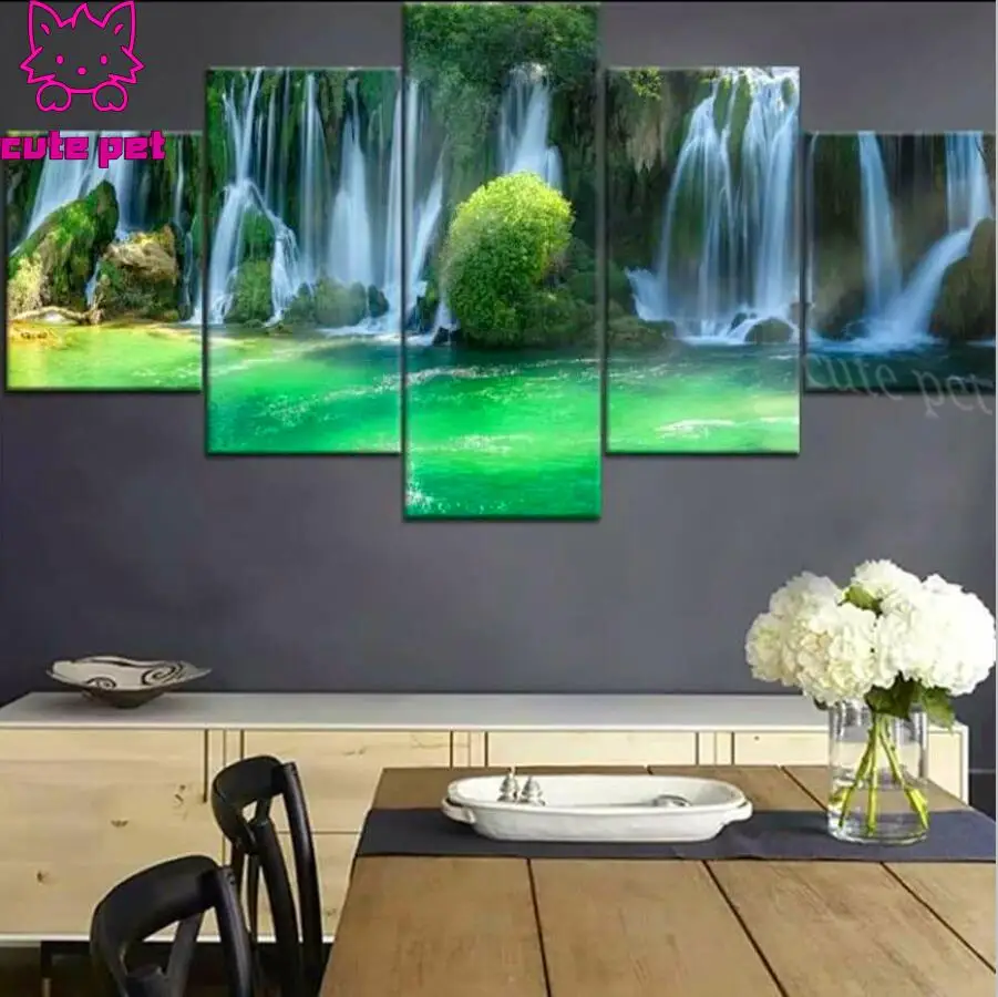 5 Panel Waterfall Painting Rhinestone stitch cross diamond embroidery diamond painting scenery mosaic full drill home decoration