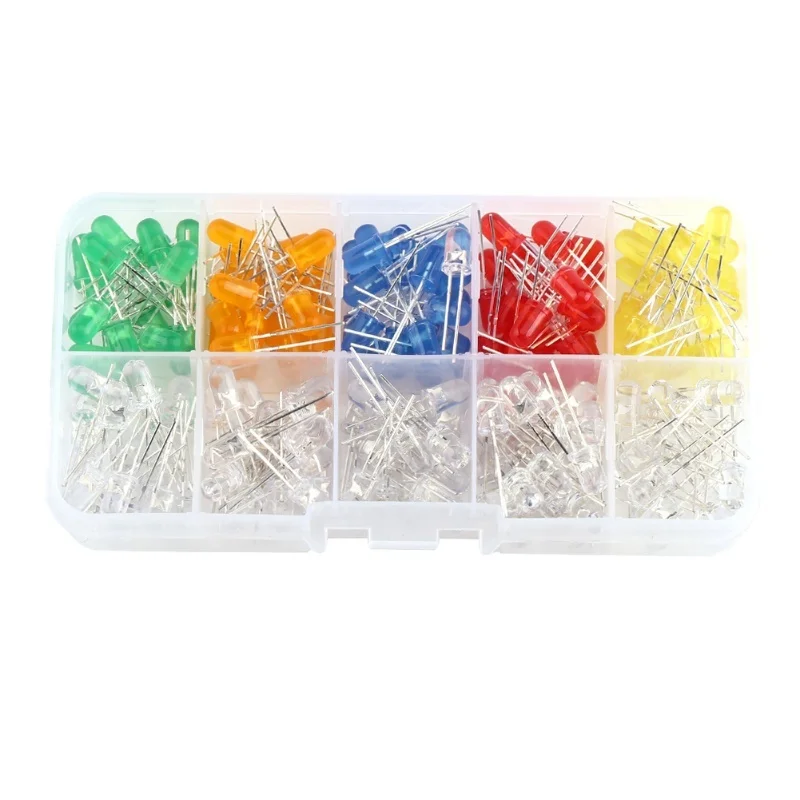 200pcs 5mm LED Light Emitting Diodes Yellow Red Blue Green Orange Light Assortment Kit