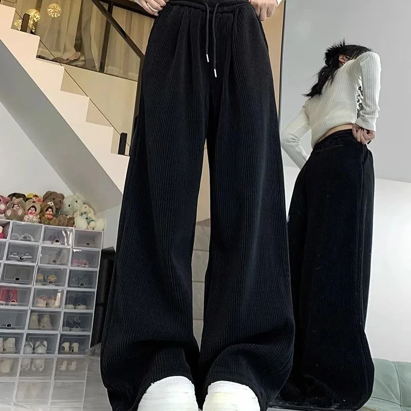 Autumn Winter Fashion Elastic Waist Drawstring Solid Corduroy Women\'s Clothing Pocket Casual Wide Leg Trousers All-match Pants