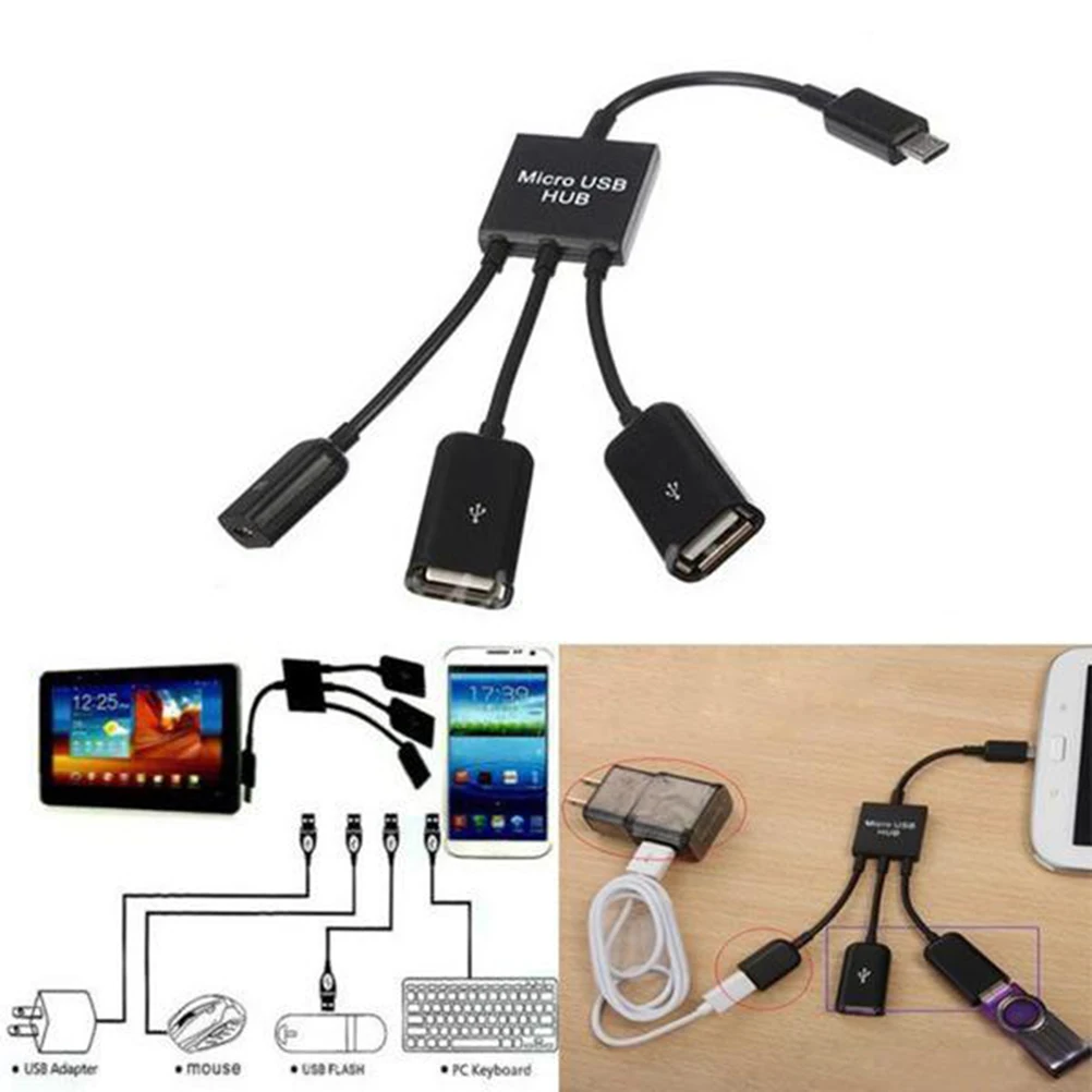 Adapter Micro USB 3 w 1 z dwoma portami USB 2.0, funkcją OTG, czarny, Plug and Play, przenośne urządzenie rozszerzające możliwości.