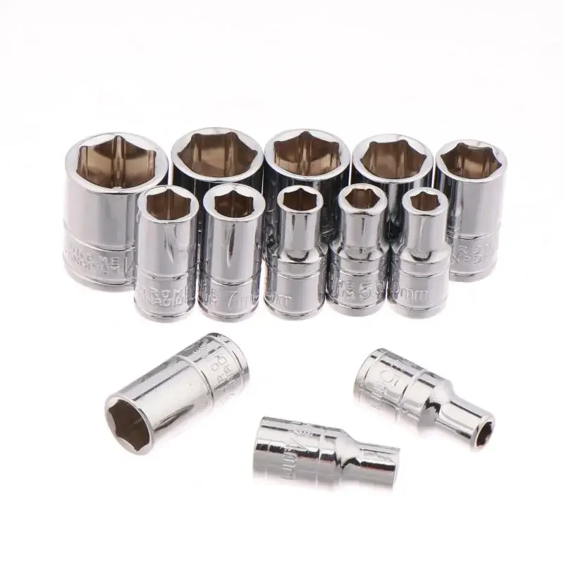 13Pcs Set Mini Socket Wrench Head 4-14mm 6.3mm Hex Shank Short Socket Ratchet Wrench Cart Auto Repair Removal Hand Tools