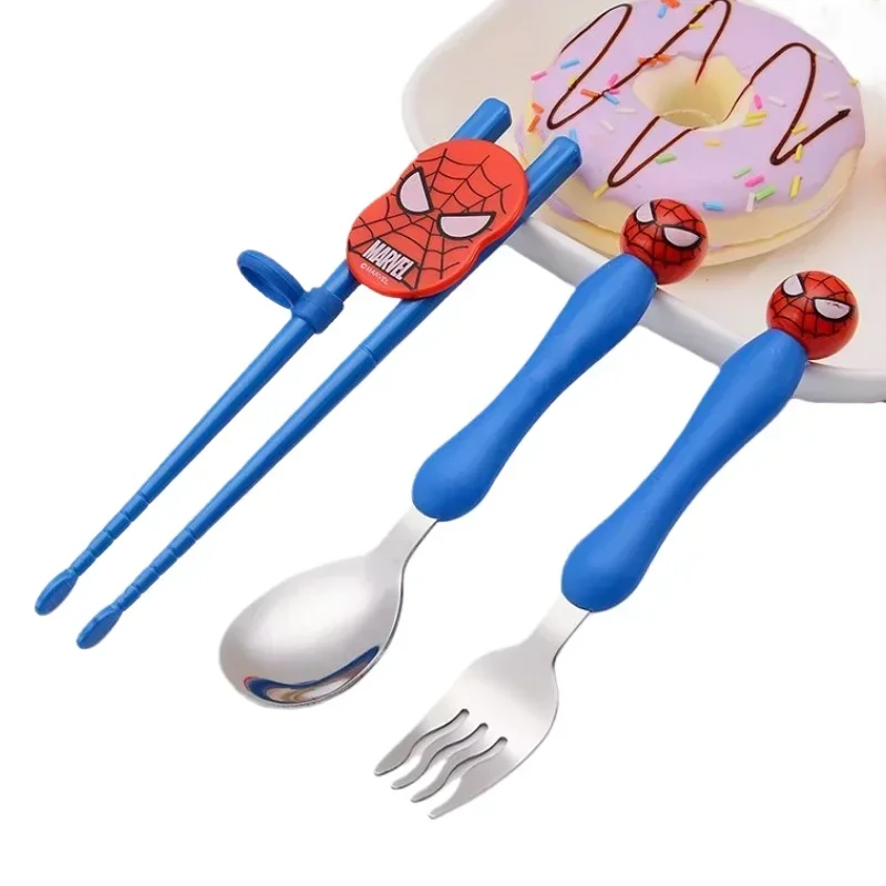 New Marvel Spiderman anime cartoon student silicone handle spoon stainless steel fork practice chopsticks children's tableware