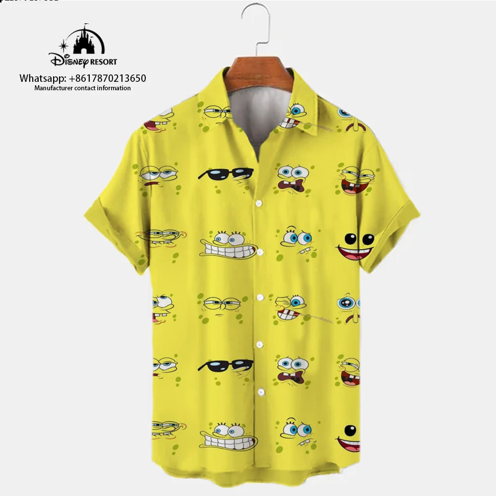 Summer cute SpongeBob SquarePants anime street new Harajuku casual shirt trendy versatile men's lapel short-sleeved shirt