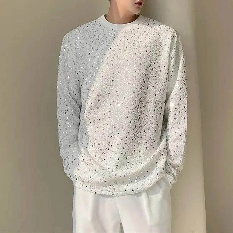 Men Spring Autumn Y2K Full Sequin Long Sleeve T‑shirt Korean Style Crew Neck Loose Casual Top Nightclub Party Streetwear Blouse