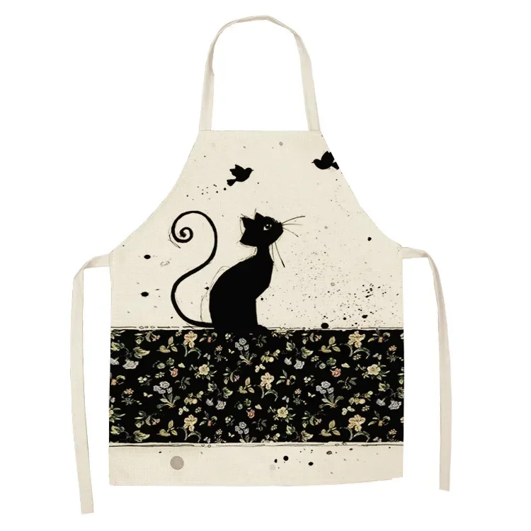 Kitchen Cotton Linen Apron for Men Women Cute Cartoon Cat Sleeveless Apron Bibs Home Coffee Shop Cleaning Baking Cooking Apron