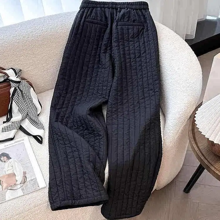 

Женские повседневные утепленные брюки больших размеров с прямыми штанинами, высокой талией, длинные, осенне-зимние, модные, в корейском стиле, с вертикальными полосками