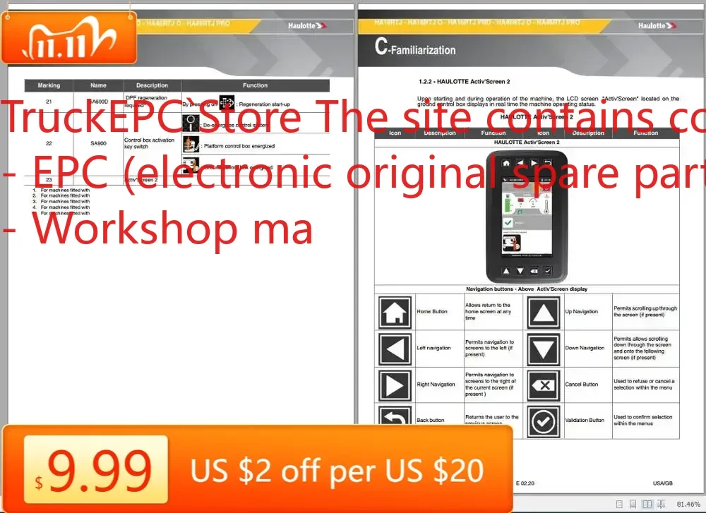 

Рабочая платформа TruckEPC Haulotte PDF 23,45 ГБ [08.2021] Руководство по обслуживанию, обслуживанию и обслуживанию и эксплуатации, руководство по обучению и запасных часам